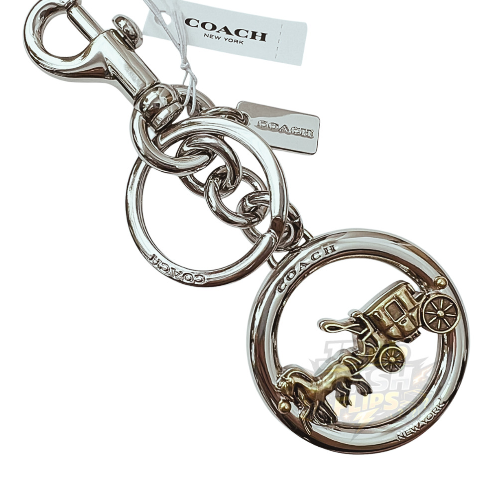 NWT COACH Silver Gold Signature Horse & Carriage Key Fob Bag Charm Pendant 32227